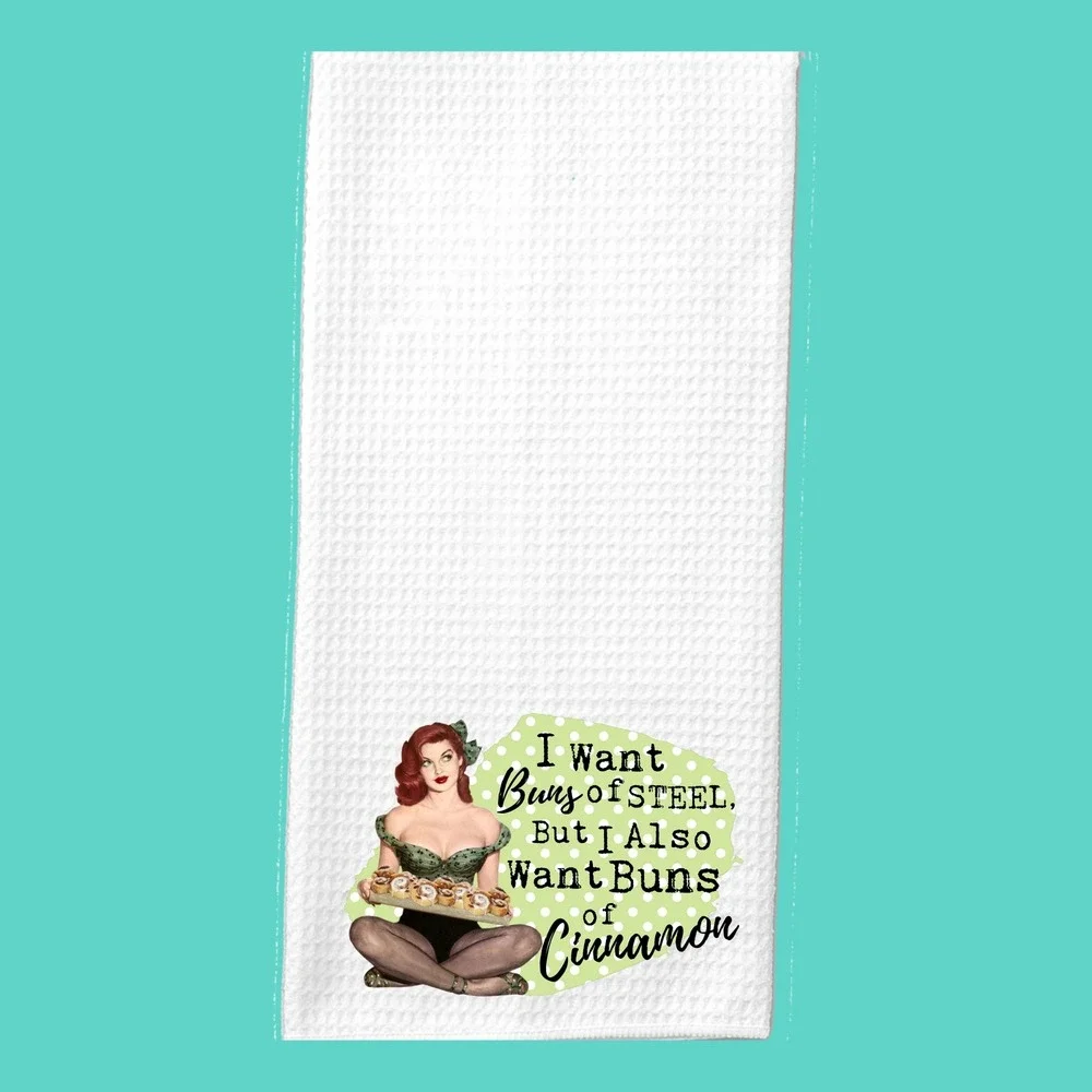 Retro Pinup Girl Waffle Weave Kitchen Towel Buns of Steel Cinnamon White Humor